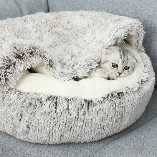 This product is a cozy winter cat cave/bed, so the text should focus on warmth, comfort, security and 2‑in‑1 design for cats and small dogs. - Luxempirez