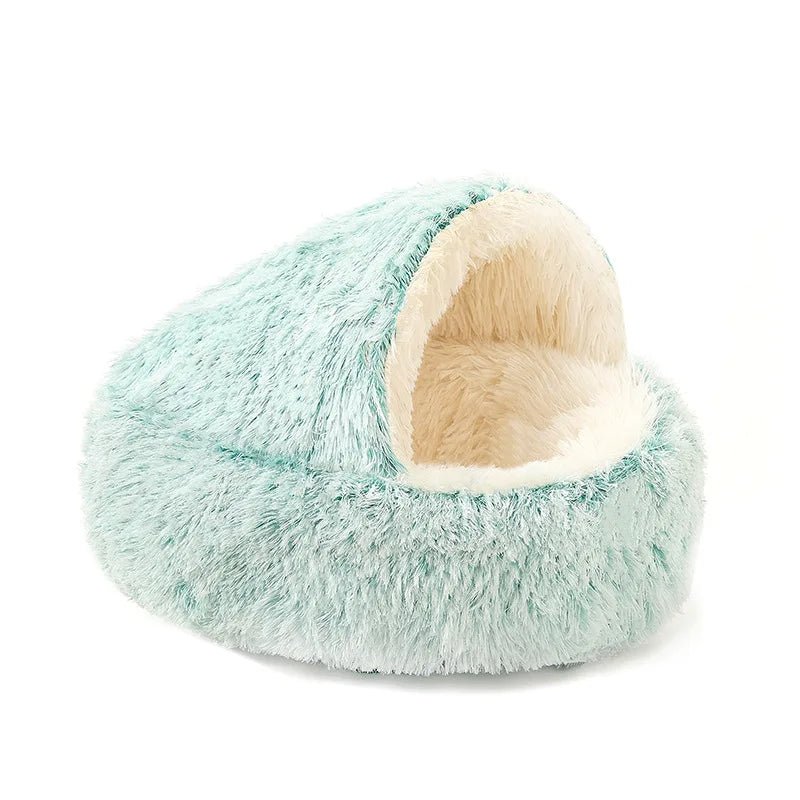 This product is a cozy winter cat cave/bed, so the text should focus on warmth, comfort, security and 2‑in‑1 design for cats and small dogs. - Luxempirez