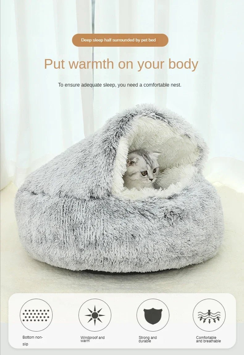 This product is a cozy winter cat cave/bed, so the text should focus on warmth, comfort, security and 2‑in‑1 design for cats and small dogs. - Luxempirez