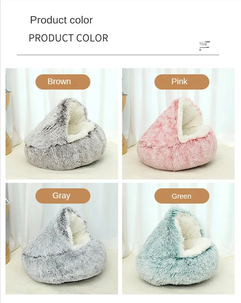 This product is a cozy winter cat cave/bed, so the text should focus on warmth, comfort, security and 2‑in‑1 design for cats and small dogs. - Luxempirez