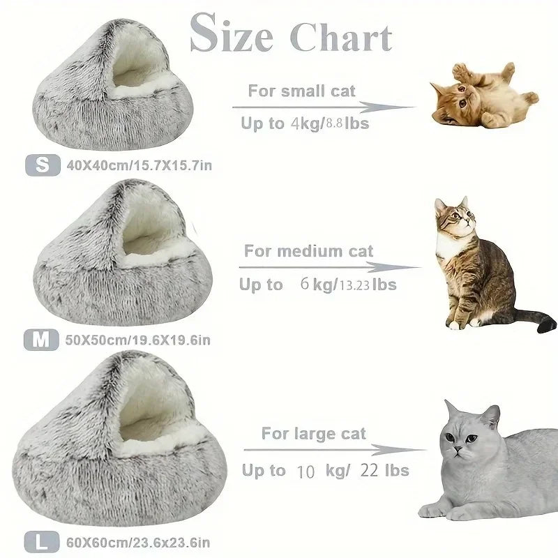 This product is a cozy winter cat cave/bed, so the text should focus on warmth, comfort, security and 2‑in‑1 design for cats and small dogs. - Luxempirez