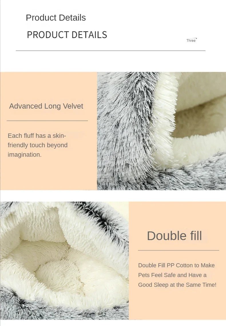 This product is a cozy winter cat cave/bed, so the text should focus on warmth, comfort, security and 2‑in‑1 design for cats and small dogs. - Luxempirez