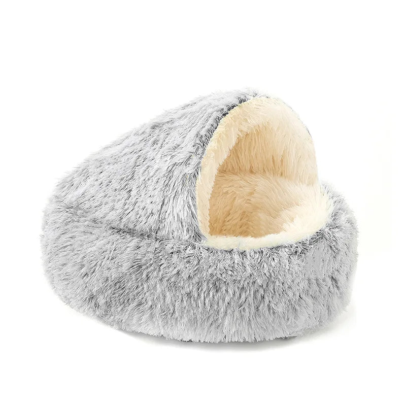 This product is a cozy winter cat cave/bed, so the text should focus on warmth, comfort, security and 2‑in‑1 design for cats and small dogs. - Luxempirez