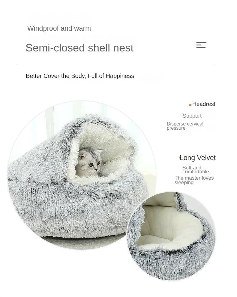 This product is a cozy winter cat cave/bed, so the text should focus on warmth, comfort, security and 2‑in‑1 design for cats and small dogs. - Luxempirez