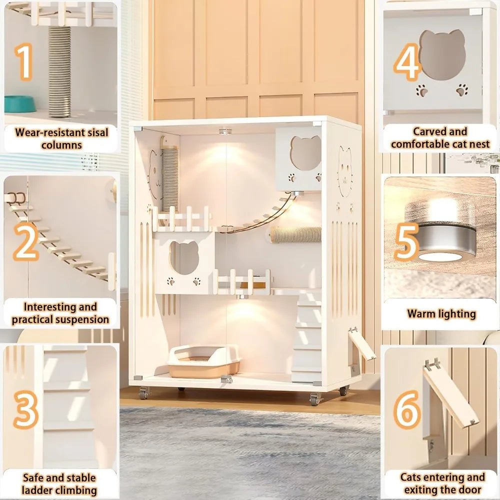 Upgrade your home and your cat’s comfort with this spacious wooden cat condo. The enclosed design hides the litter area, adds climbing and lounging space, and moves easily on wheels so you can place it anywhere in your home or covered outdoor area. - Luxempirez