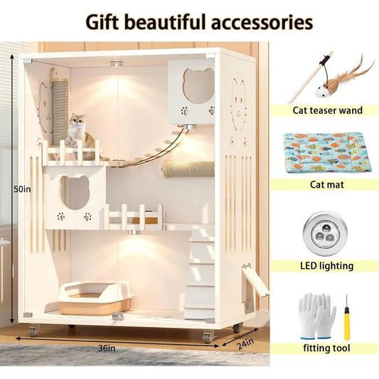 Upgrade your home and your cat’s comfort with this spacious wooden cat condo. The enclosed design hides the litter area, adds climbing and lounging space, and moves easily on wheels so you can place it anywhere in your home or covered outdoor area. - Luxempirez