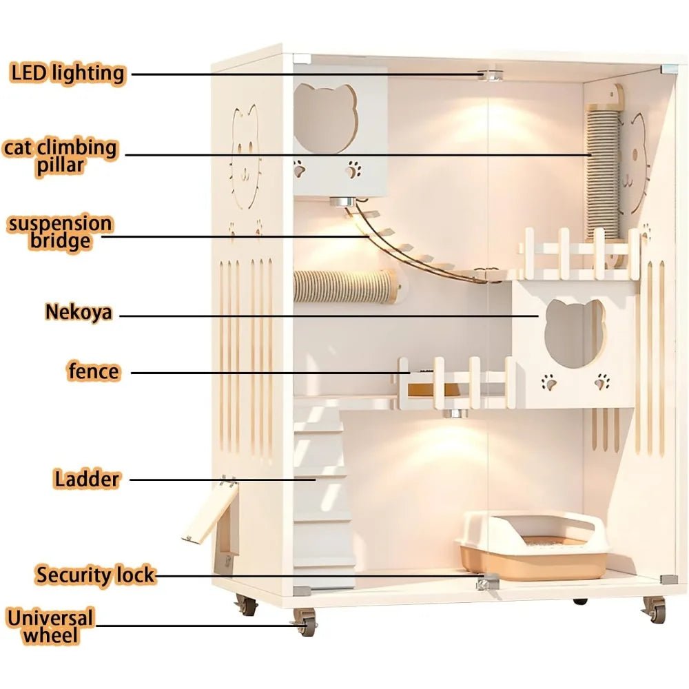 Upgrade your home and your cat’s comfort with this spacious wooden cat condo. The enclosed design hides the litter area, adds climbing and lounging space, and moves easily on wheels so you can place it anywhere in your home or covered outdoor area. - Luxempirez