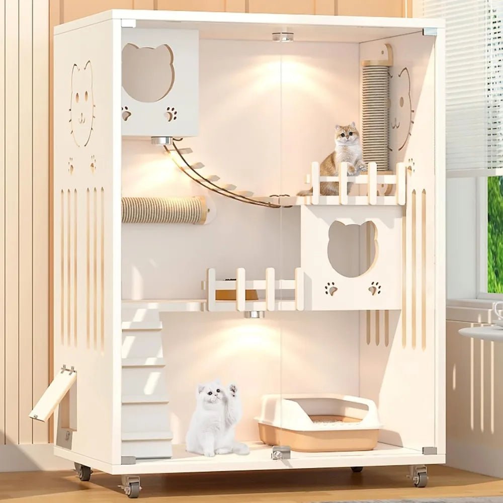 Upgrade your home and your cat’s comfort with this spacious wooden cat condo. The enclosed design hides the litter area, adds climbing and lounging space, and moves easily on wheels so you can place it anywhere in your home or covered outdoor area. - Luxempirez